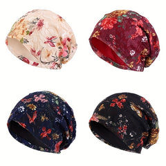 Flower Print Lace Beanie Cap Head Wrap Elastic Turban Bonnet Chemo Hats
