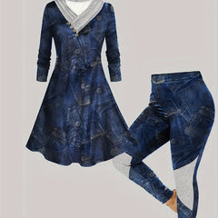 Denim Print Button Decor Top & Leggings Set