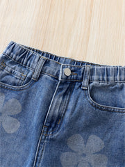 Girls Flowers Graphic Cotton Jeans Casual Pocket Denim Pants