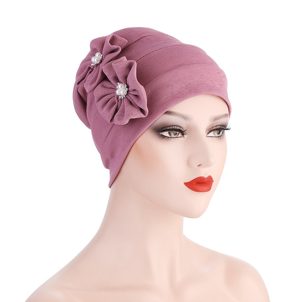 Ladies Pearl Two Flowers Turban Hat Retro Beanie Valentines