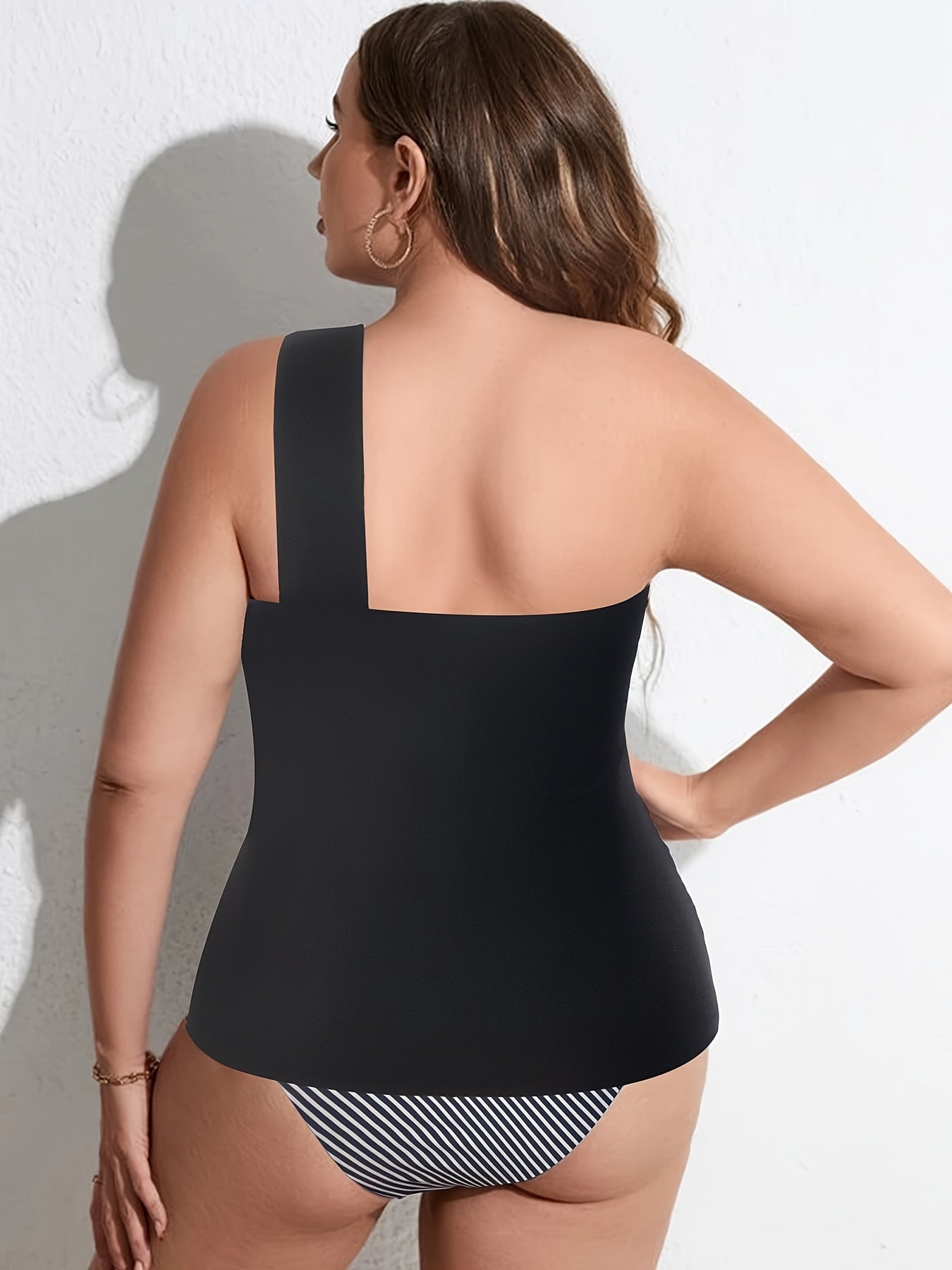 Tankini Set Ruched One Shoulder Cami Top & Striped Panty Swimsuit