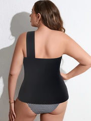 Tankini Set Ruched One Shoulder Cami Top & Striped Panty Swimsuit