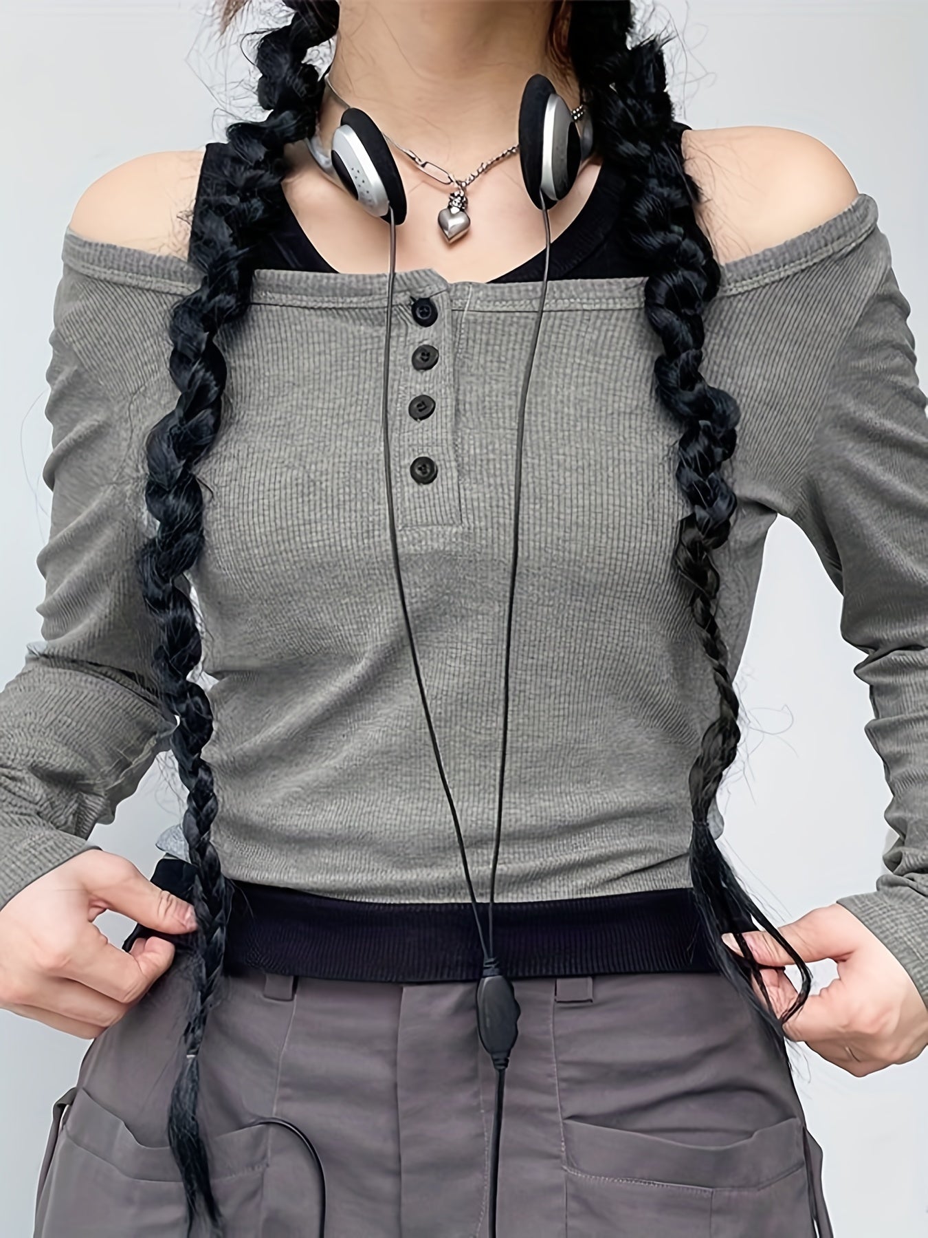 Casual 2pc Set Crew Neck Long Sleeve & Sleeveless Button Tank