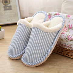 Plush Lined Striped Slippers Warm Flat Shoes Home Fuzzy Slippers