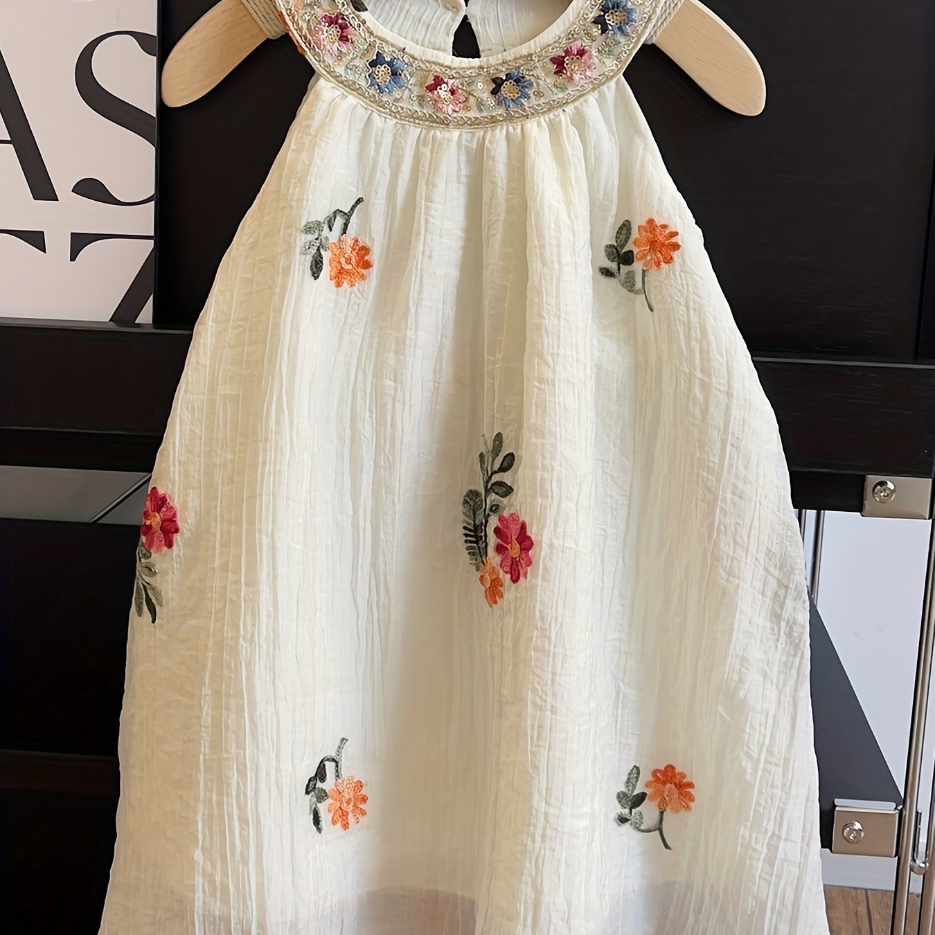 Floral Embroidered Linen Halter Dress For Girls