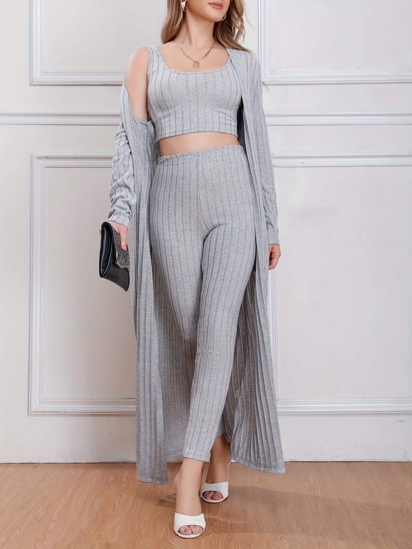 Women's Plus 3pc Ribbed Cardigan, Tank Top & Pants Set