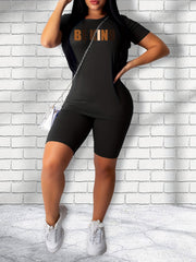 Casual Letter Print T shirt & Skinny Shorts Set