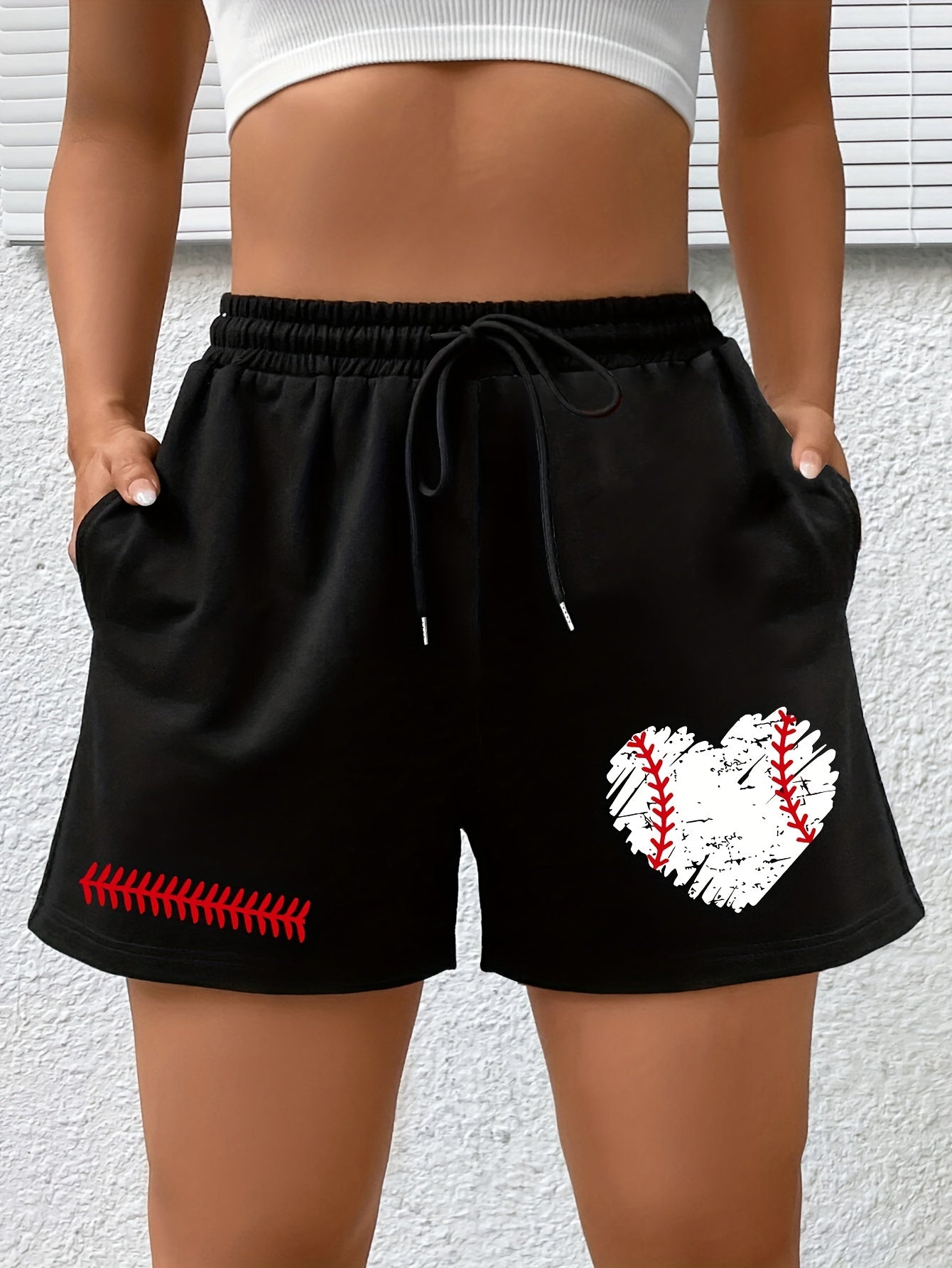 Heart Print Elastic Drawstring Sports Shorts