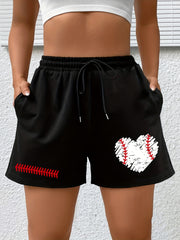 Heart Print Elastic Drawstring Sports Shorts