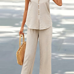 Solid Button Split Tank Top & Pants Outfit Set