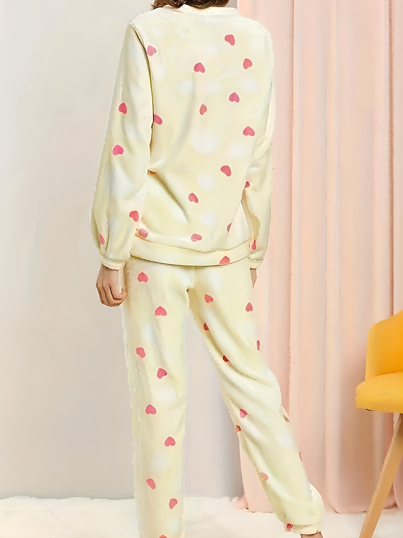 Heart Print Pajama Set Long Sleeve Crew Neck Top & Elastic Waistband Pants