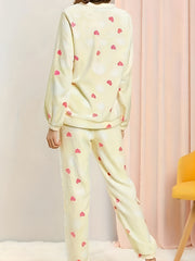Heart Print Pajama Set Long Sleeve Crew Neck Top & Elastic Waistband Pants