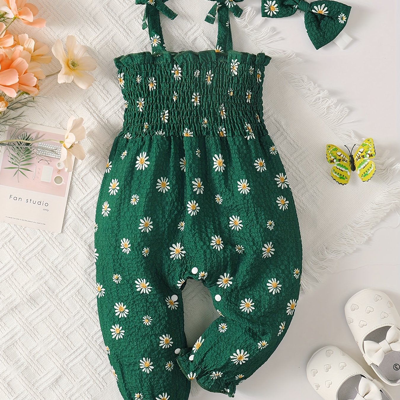 Baby Girls Off Shoulder Sleeveless Bib Pants Jumpsuit Headband Floral Printed