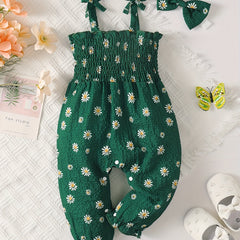 Baby Girls Off Shoulder Sleeveless Bib Pants Jumpsuit Headband Floral Printed