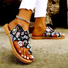 Women's Skull Pattern Bowknot Sandals Slip On Open Toe Flat Non slip Comfy Shoes