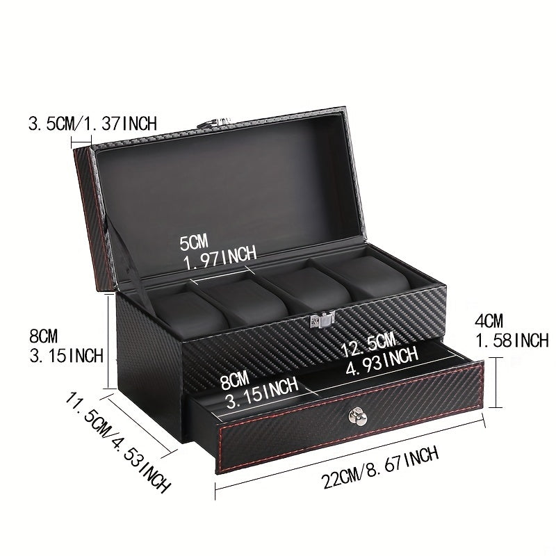 Men's 4 Slot Watch Display Box with Carbon Fiber Stand