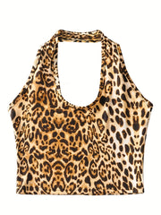 Leopard Print Halter Crop Top Summer Sleeveless