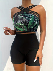 Criss Cross Neck Colorblock One Piece Swimsuit