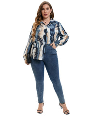 Marble Print Plus Size Shirt Women's Turn Down Collar Long Sleeve Blouse