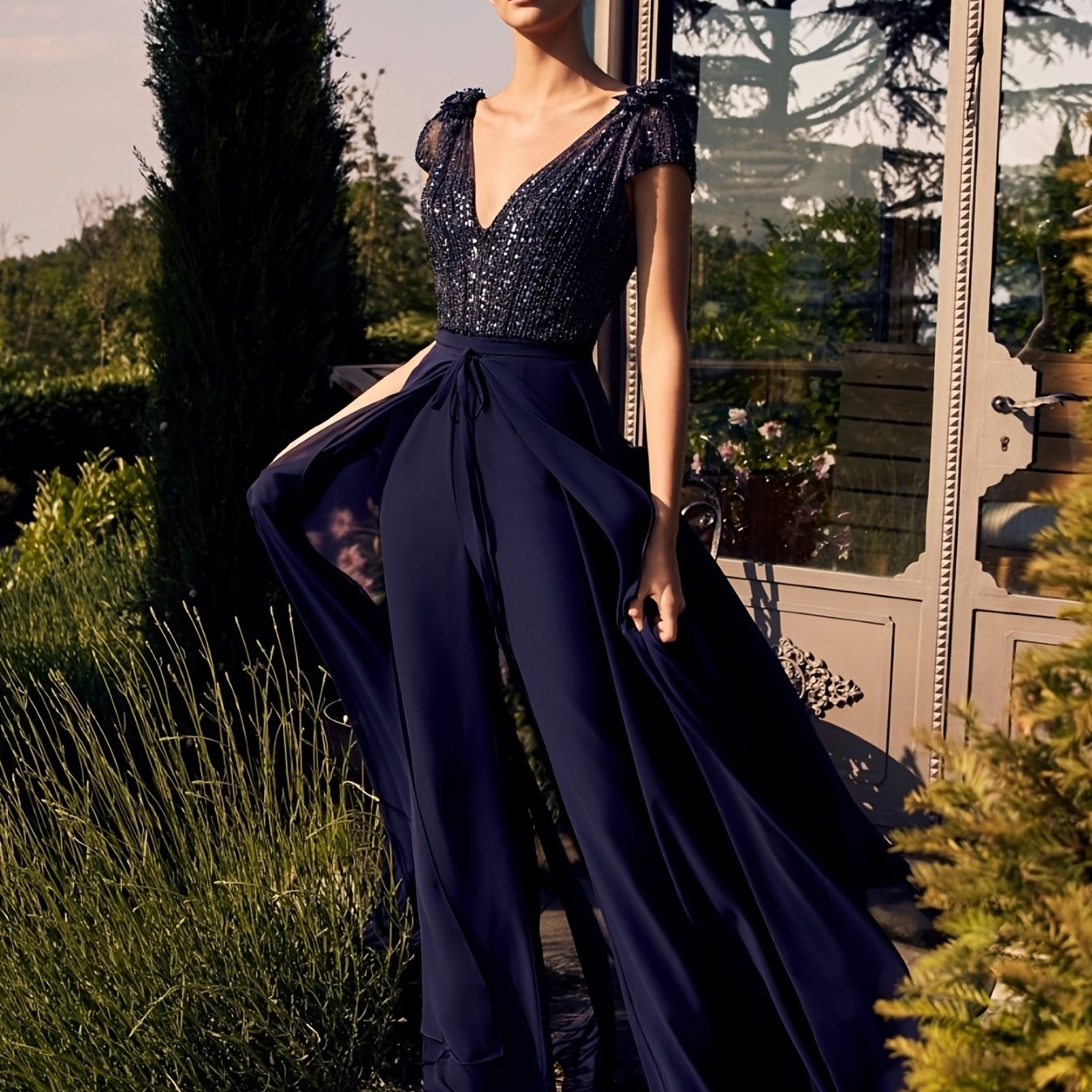 Women's Sexy Cap Sleeve Sequin Jumpsuit with Overskirt