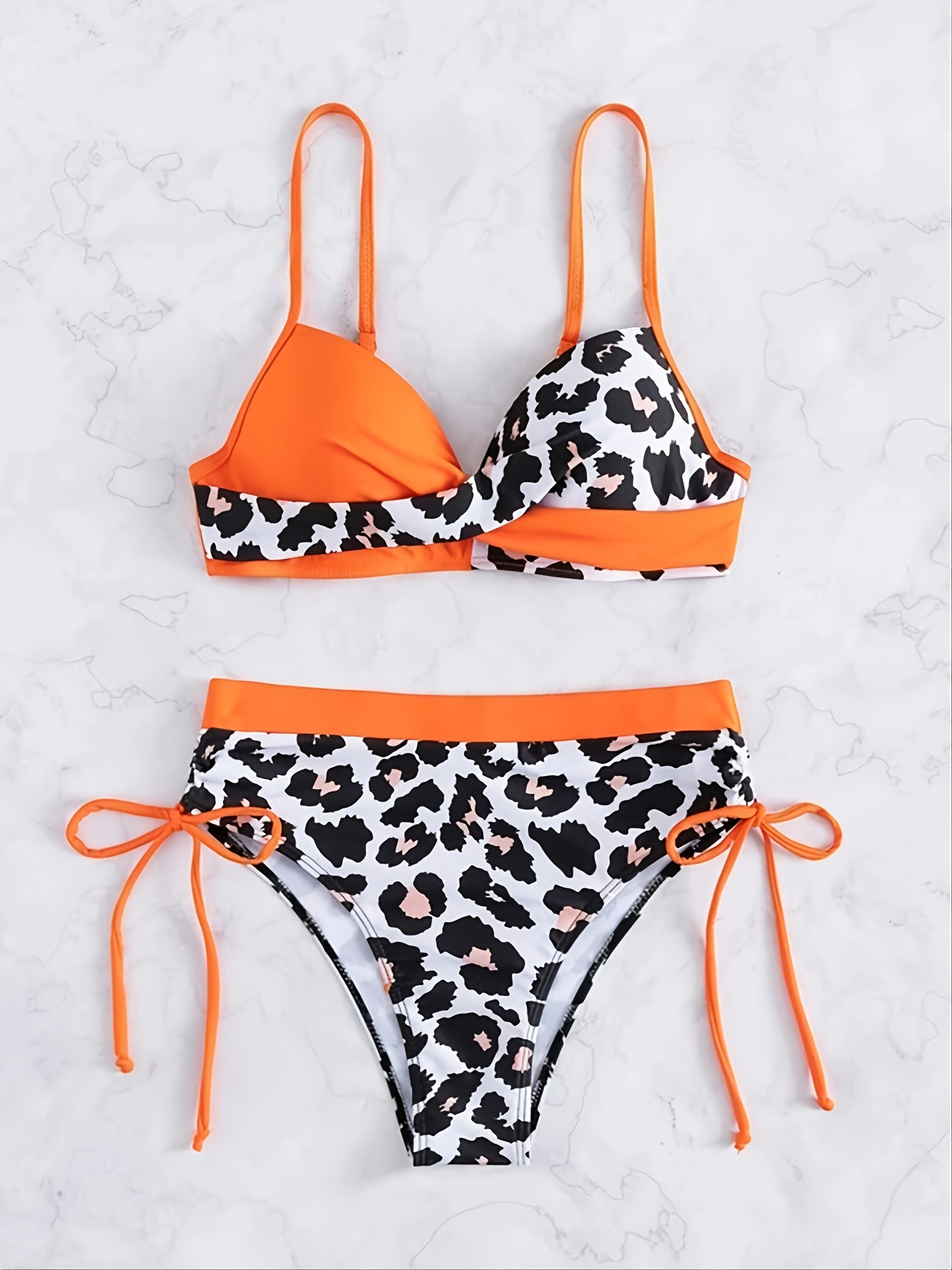 Leopard Print Colorblock V Neck Bikini Set
