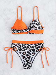 Leopard Print Colorblock V Neck Bikini Set