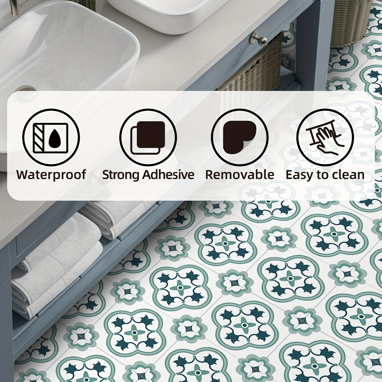 9pcs Moroccan Floor Tile Sticker PVC Waterproof Vinyl Matte for Living Room