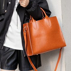 Vintage High Top Grain Leather Handbag Adjustable Strap Zipper Closure Tote