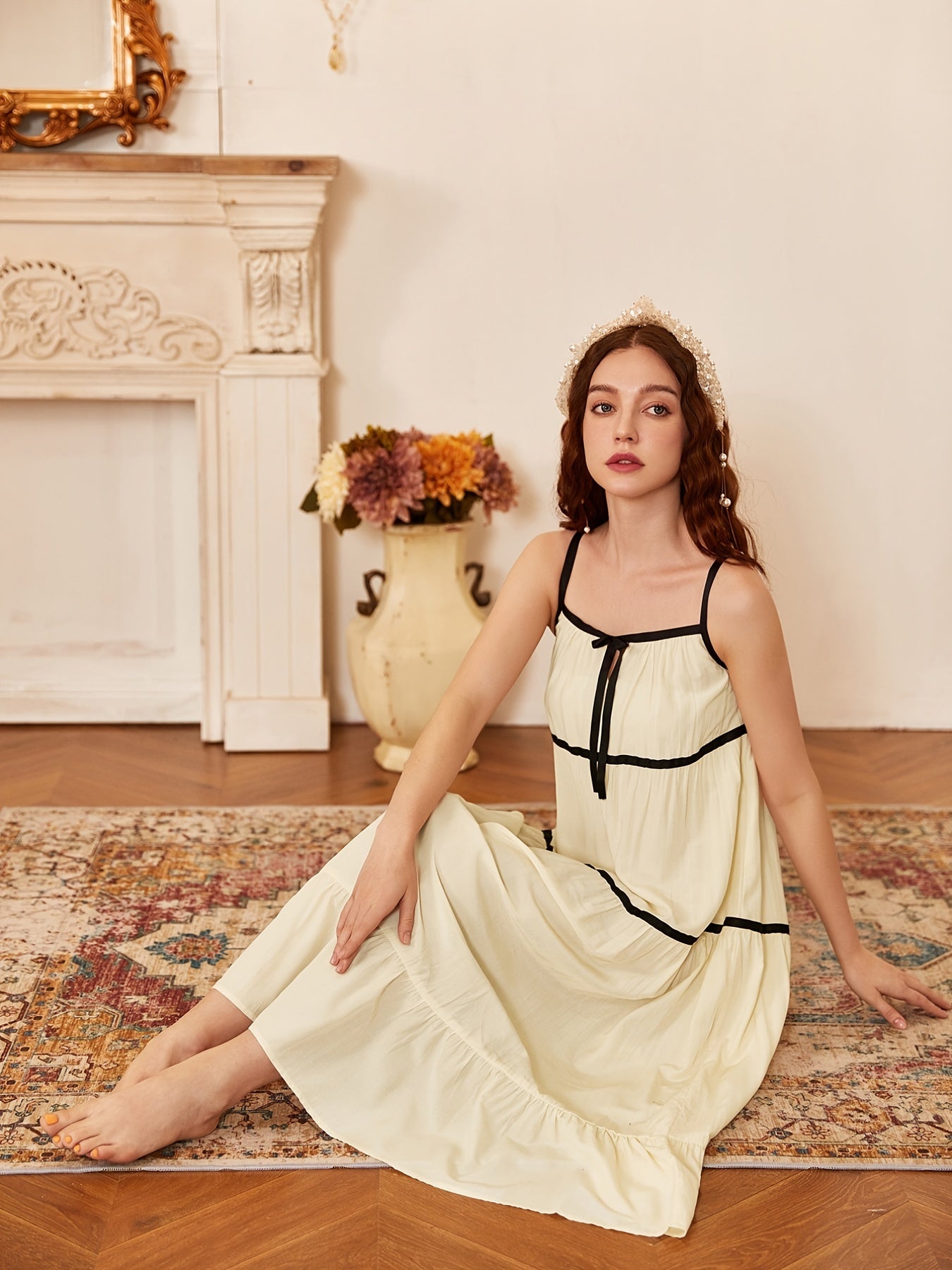 Colorblock Slip Nightdress Sweet & Square Neck Ruffle Princess Dress