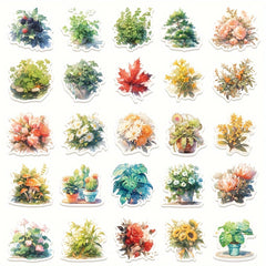 50pcs Watercolor Style Plant Series Stickers for Laptop Helmets, Water Cup