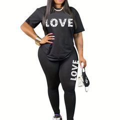 2 Piece Set Women's Plus Letter Print Top & Leggings Outfit