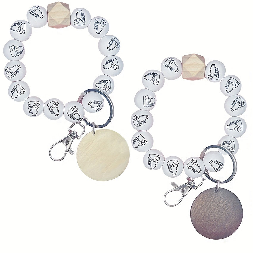 Monogram Printed Wood Bead Bracelet Keychain Horn Cheer Bracelet Alphabet