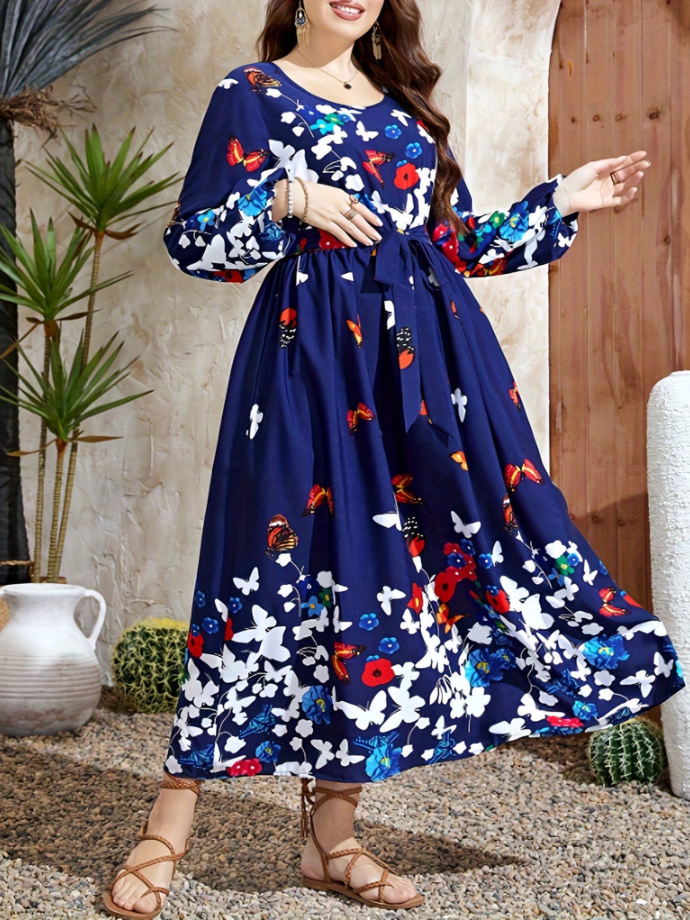 Women's Plus Butterfly & Floral Print Long Sleeve Round Neck Maxi Dress
