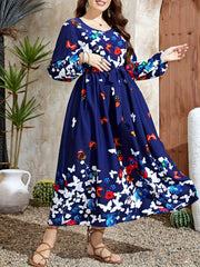 Women's Plus Butterfly & Floral Print Long Sleeve Round Neck Maxi Dress