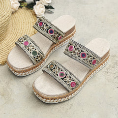 Women's Wedge Espadrille Sandals Square Toe Slip On Platform Slide Sandals