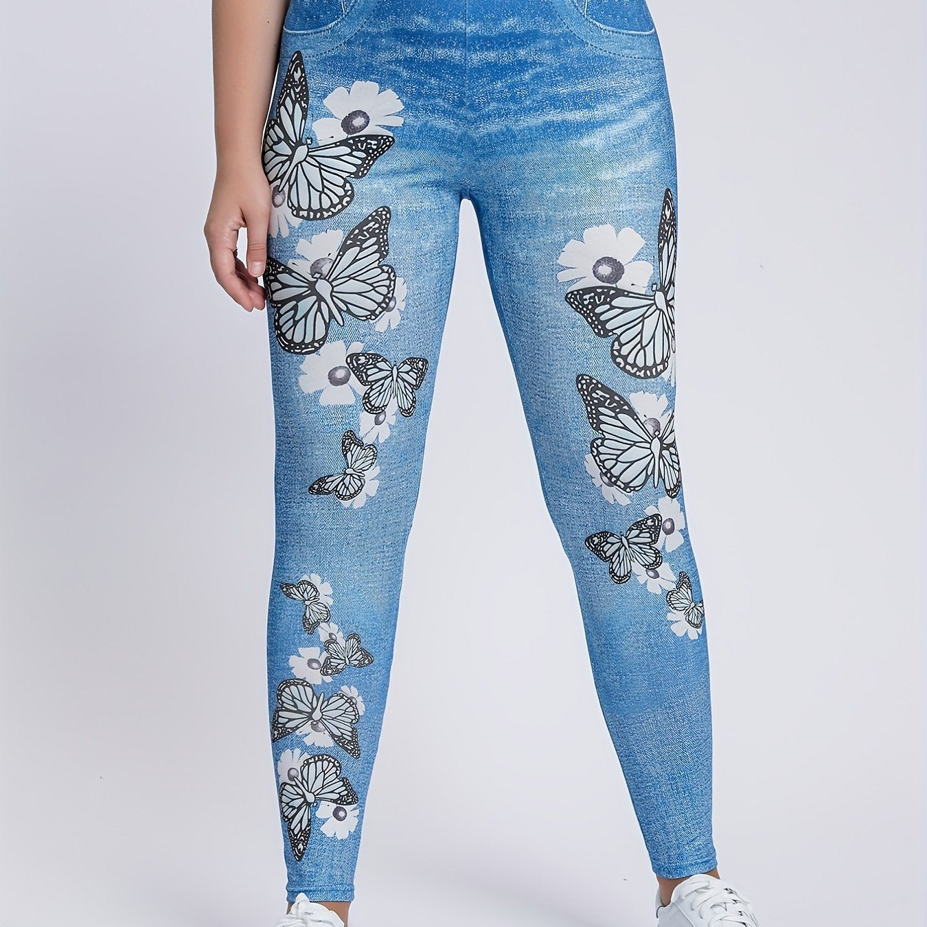 Butterflies & Denim Print Leggings High Waist Skinny Casual Pants