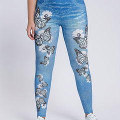Butterflies & Denim Print Leggings High Waist Skinny Casual Pants