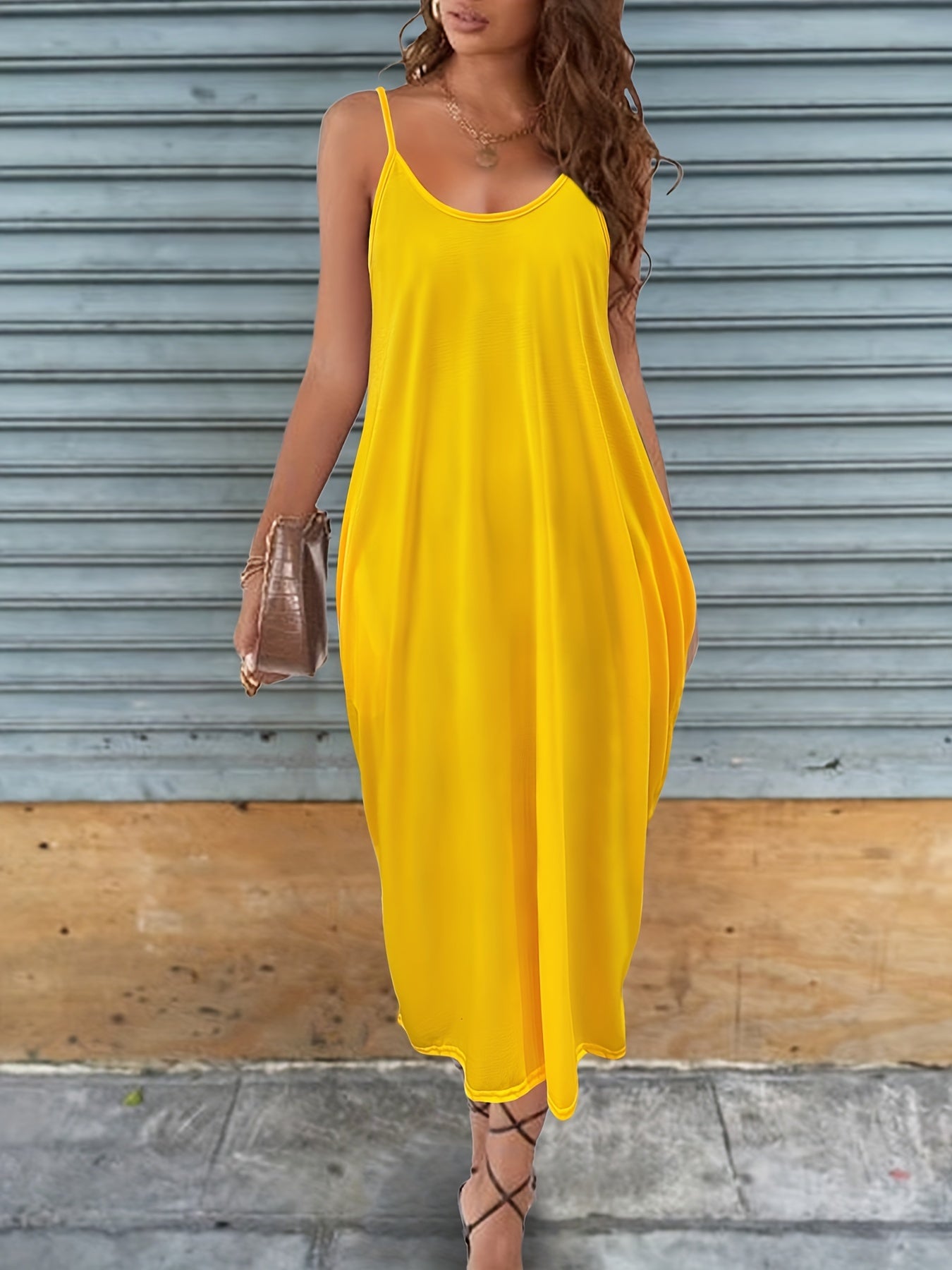 Deep V Neck Cami Dress With Pocket Solid Casual Every Dress