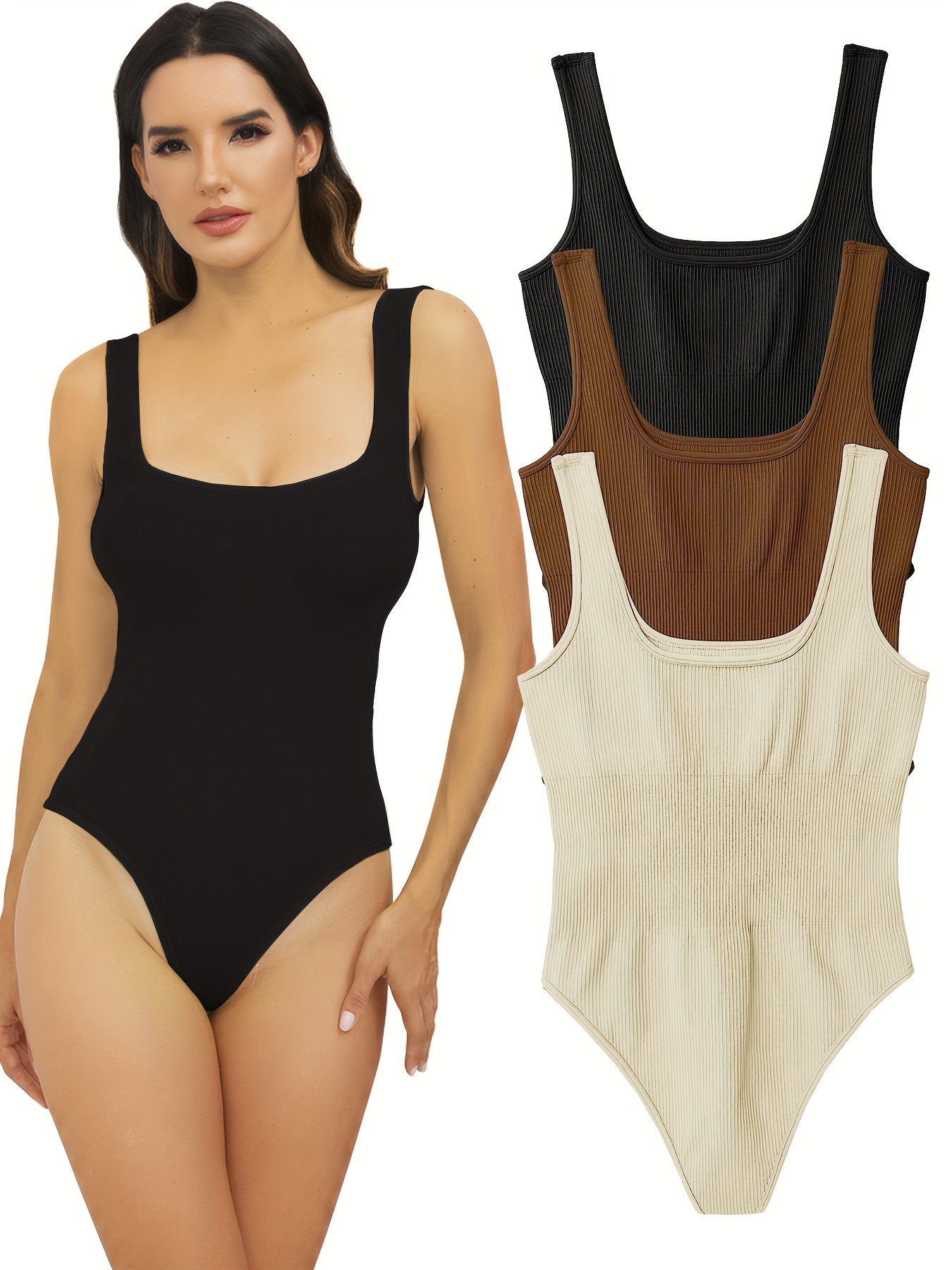3pcs Square Neck Tank Tops Bodysuits for Women