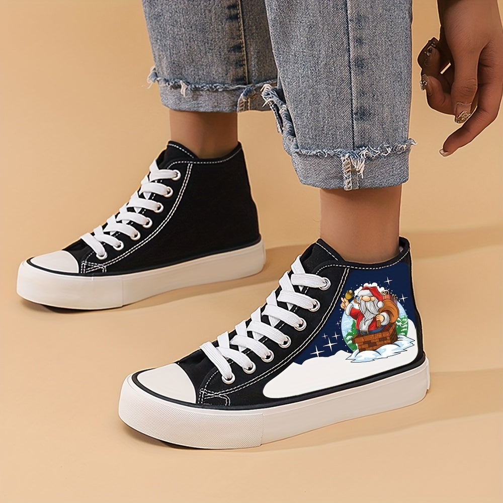 Santa Print Chunky Canvas Sneakers High Top Flat