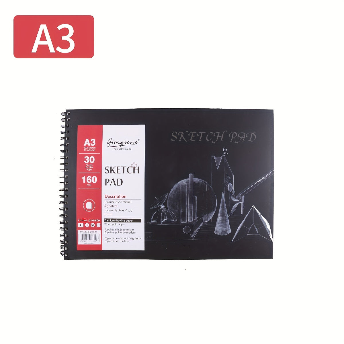 Spiral Bound Artists Sketchbook A3 A4 A5 30 Sheets 160gsm