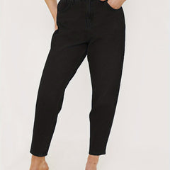 Casual Jeans Women's Plus Solid Elastic Button Fly High Rise