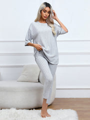 Solid Ribbed Lounge Set Short Sleeve Crew Neck Top & Elastic Waistband Pants