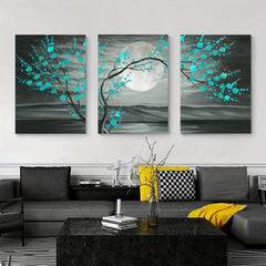 3pcs Grey And Teal Floral Canvas Plum Blossom Tree Printed On Canvas