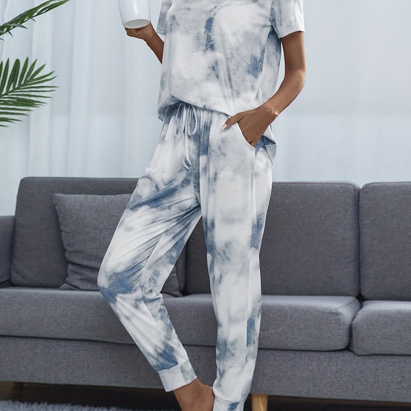 Tie Dye Lounge Set Crew Neck Top & Lace Up Pants