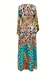 Leopard Print Splicing Dress Boho Maxi Dress With Pockets
