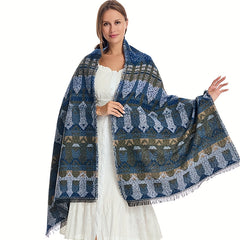 Geometric Printed Warm Shawl Wrap for Winter Coldproof Fringed Blanket