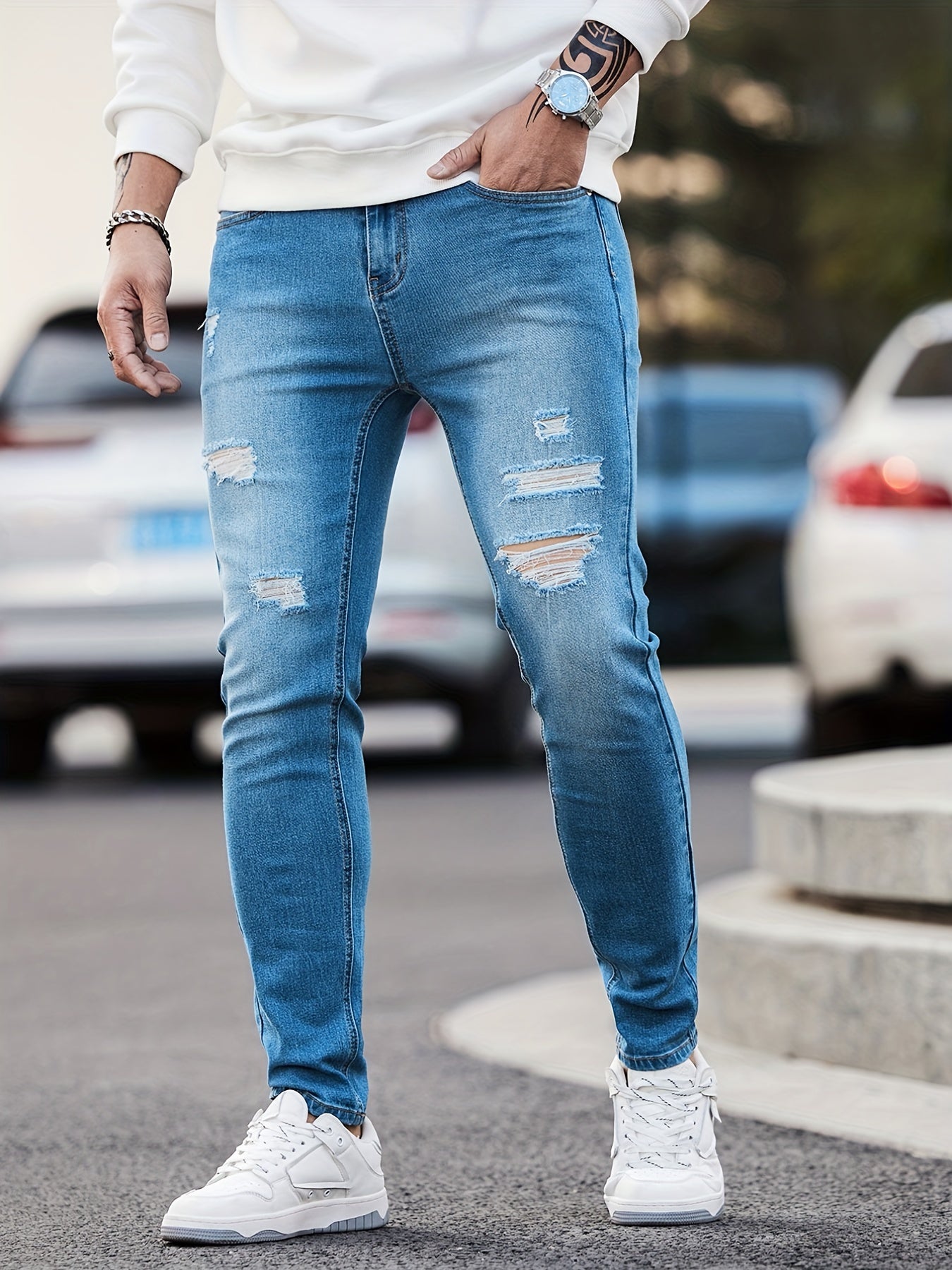Men's Slim Fit Ripped Denim Jeans with Pockets
