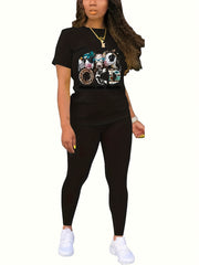 Cartoon Figure & Letter Print Top & Pants Set