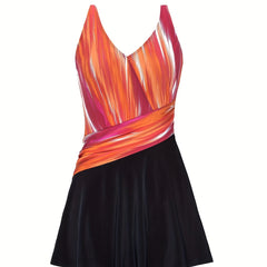 Colorblock Stripe Print V Neck One Piece Swimsuit